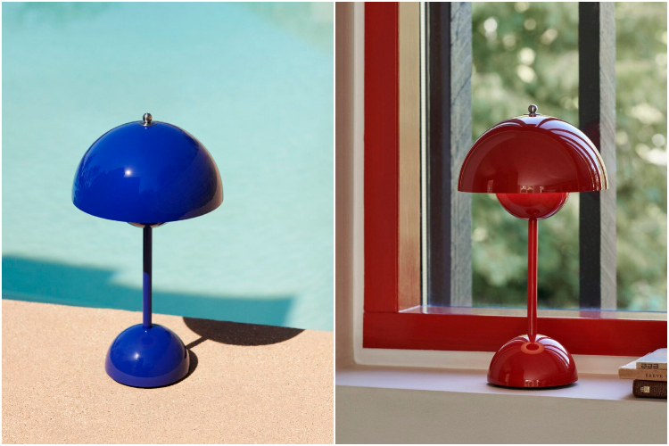 Stona lampa inspirisana pokretom Flower Power u plavoj i crvenoj boji